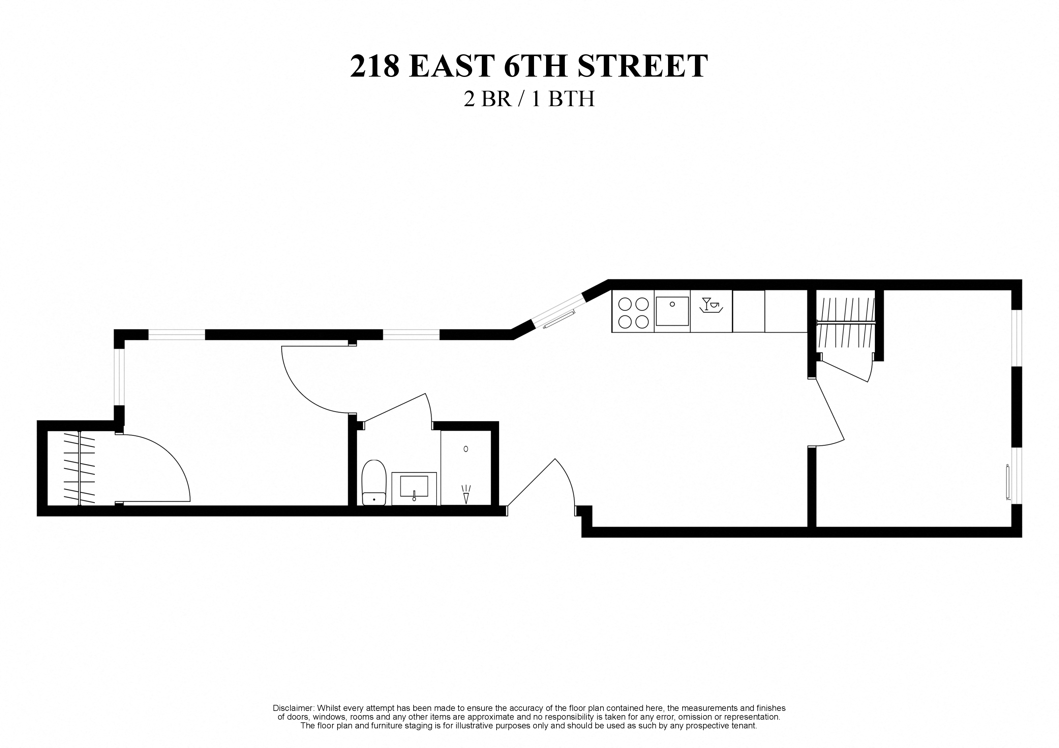 Floor plan for 2 beds, 1 bath, 400 sqft